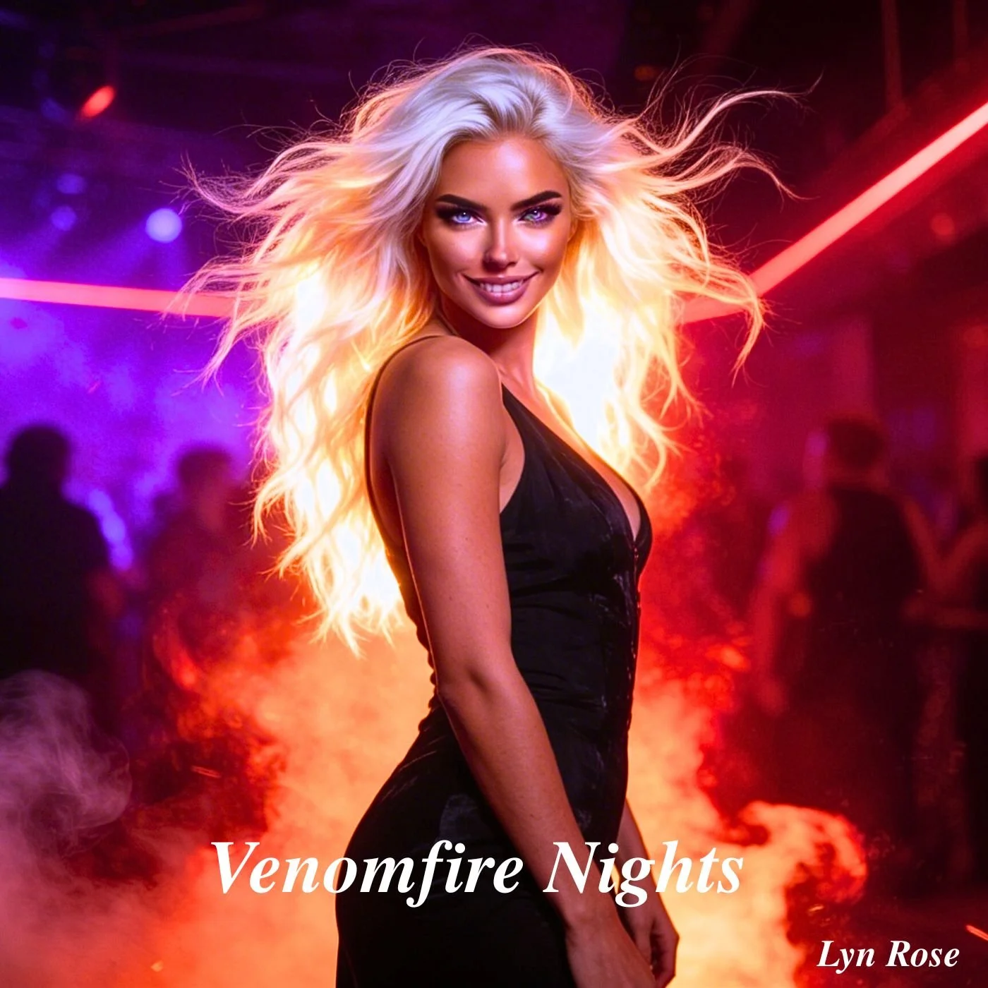 A woman with long, blonde, wavy hair smiling in a nightclub with colorful lights and smoke in the background, with the text "Venomfire Nights" and "Lyn Rose".