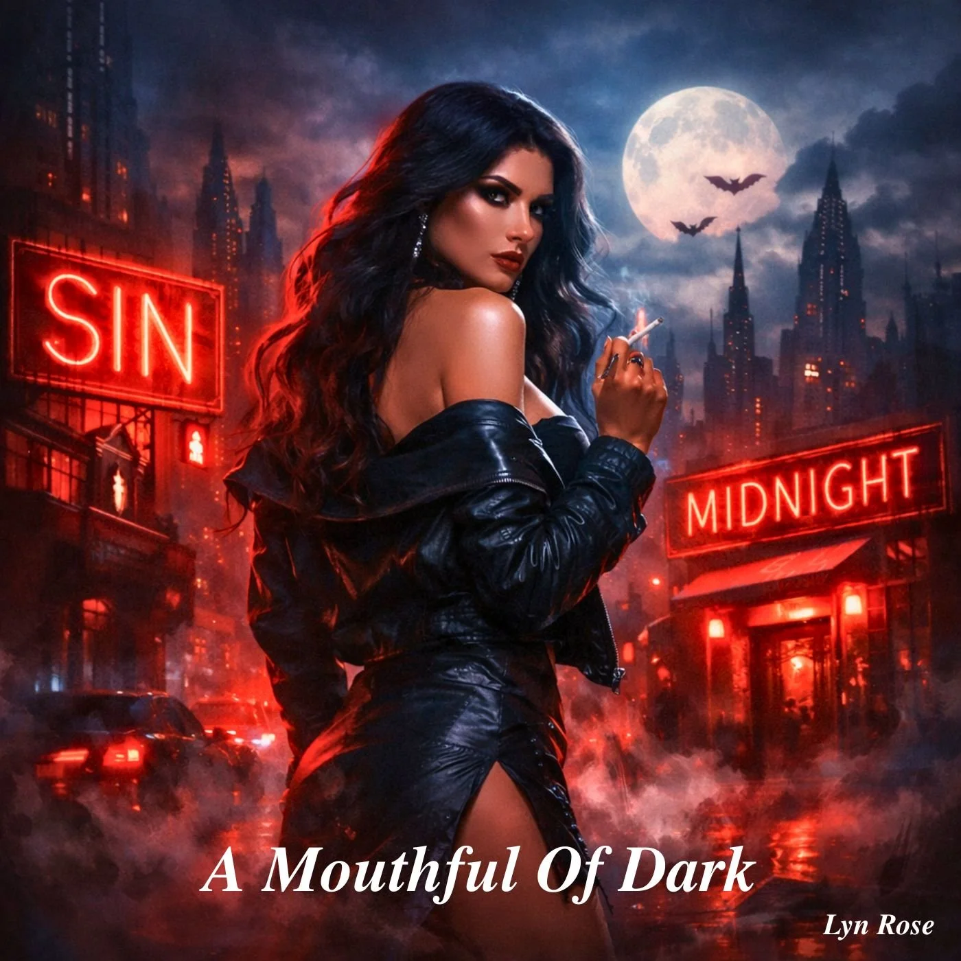 A woman with dark wavy hair wearing a black leather jacket and dress standing in a neon-lit city at night with a full moon, bats, and skyscrapers in the background, holding a cigarette. The text reads 'A Mouthful Of Dark' by Lyn Rose.