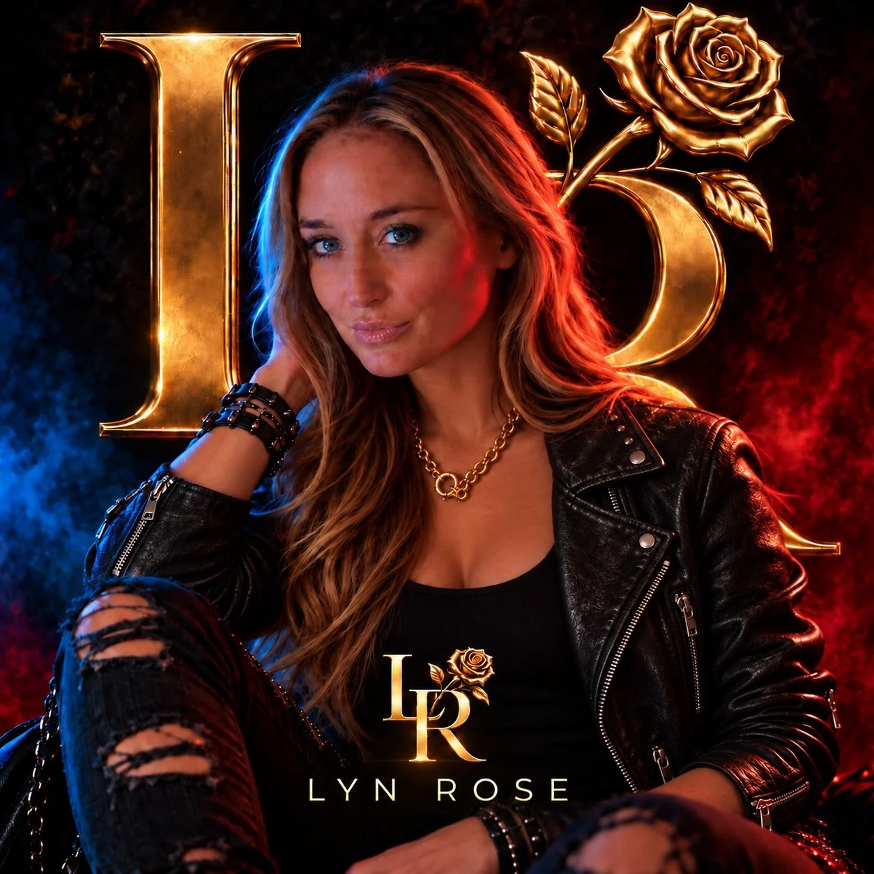 Portrait of a woman with long wavy hair wearing a black leather jacket, gold chain necklace, and black ripped jeans, sitting in front of a gold letter 'L' and 'R' with a rose above, with blue and red neon lighting effects, and the text 'Lyn Rose' at the bottom.