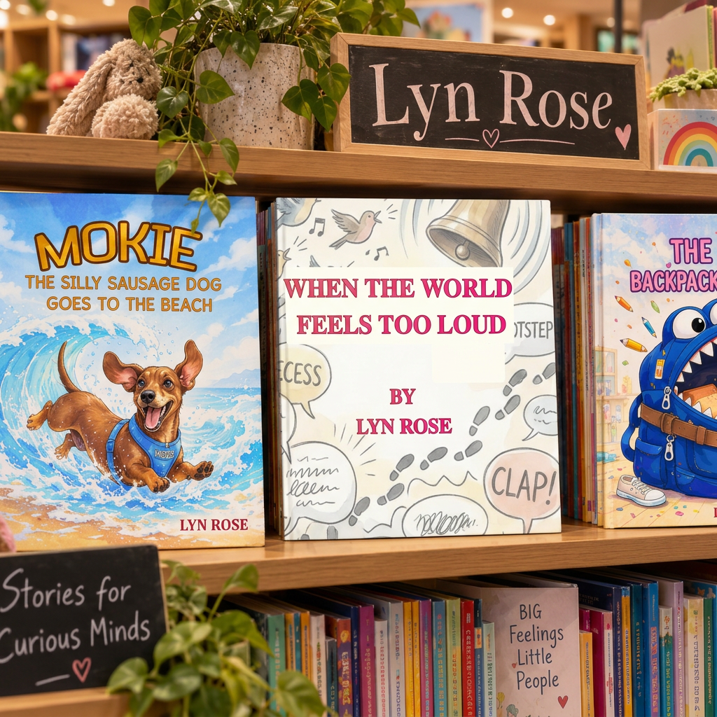 Children's picture books by Australian author Lyn Rose on a bookshelf: Mokie the Silly Sausage Dog Goes to the Beach, When the World Feels Too Loud and The Day My Backpack Ate My Lunch