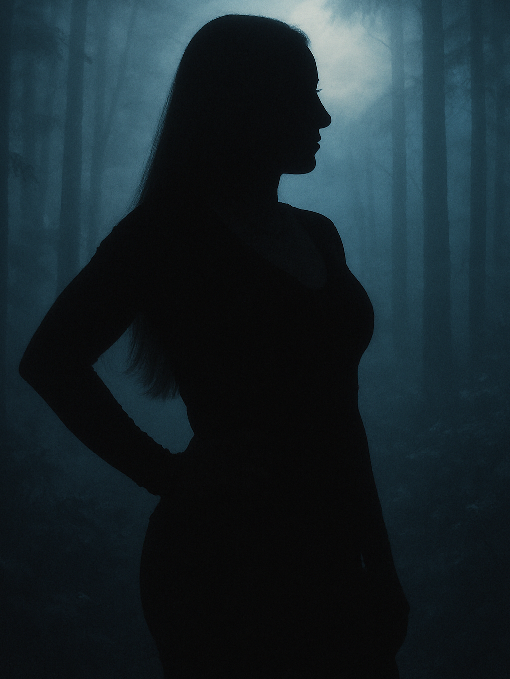 Silhouette of a woman standing in a foggy forest with trees in the background.