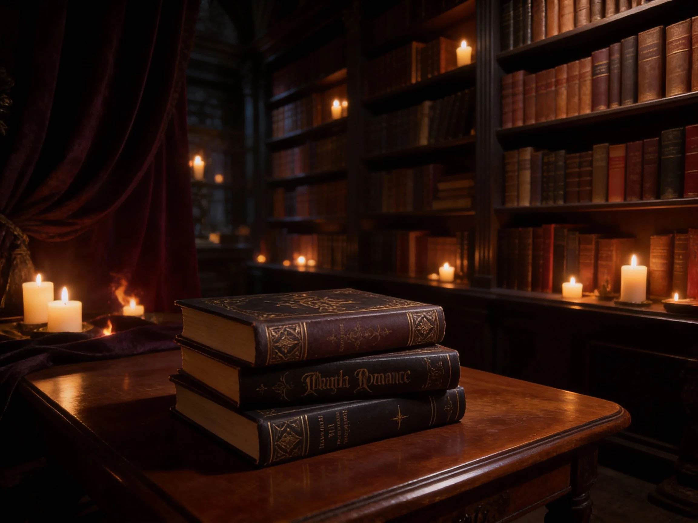 A dark, candlelit library filled with antique books and a stack of fantasy novels, representing dark fantasy and paranormal romance storytelling.