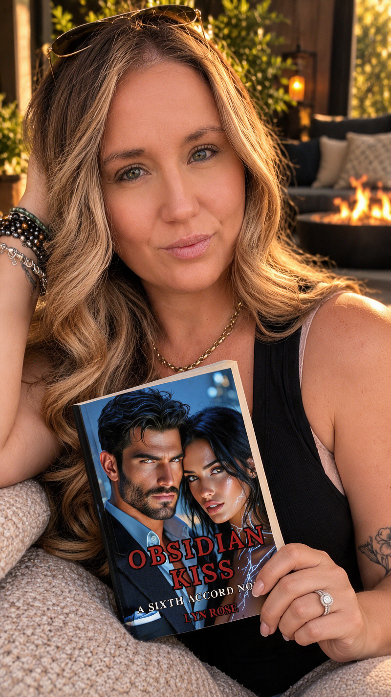 Lyn Rose, Australian paranormal romance author, holding her novel Obsidian Kiss.