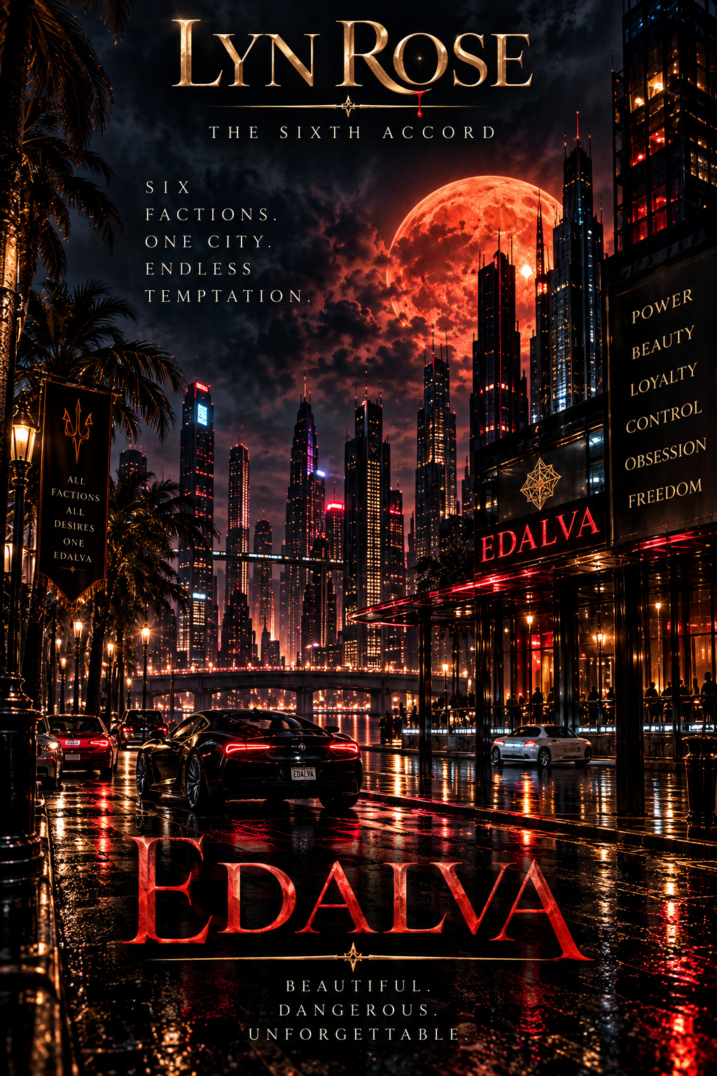 A futuristic cityscape at night with tall skyscrapers illuminated by colorful lights, a large red moon in the sky, and a wet street reflecting the city lights, with a Lamborghini car and a sign that says 'Edalva'.
