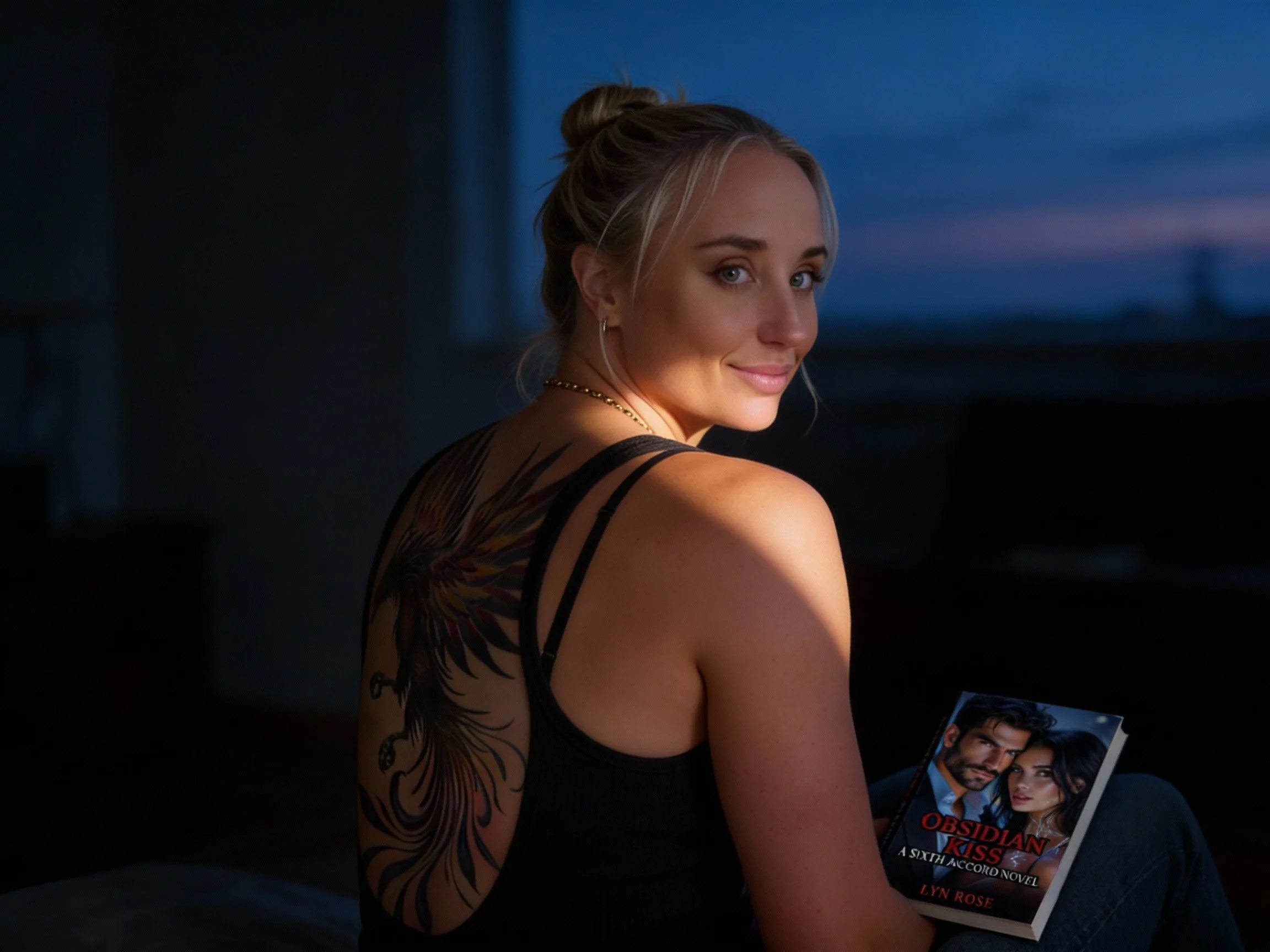 A woman sitting indoors at dusk, holding a book titled 'Obsidian Kiss' featuring a man and woman on the cover. She has blonde hair in a bun, a tattoo on her back, and is wearing a black tank top. She winks at the camera with a slight smile.