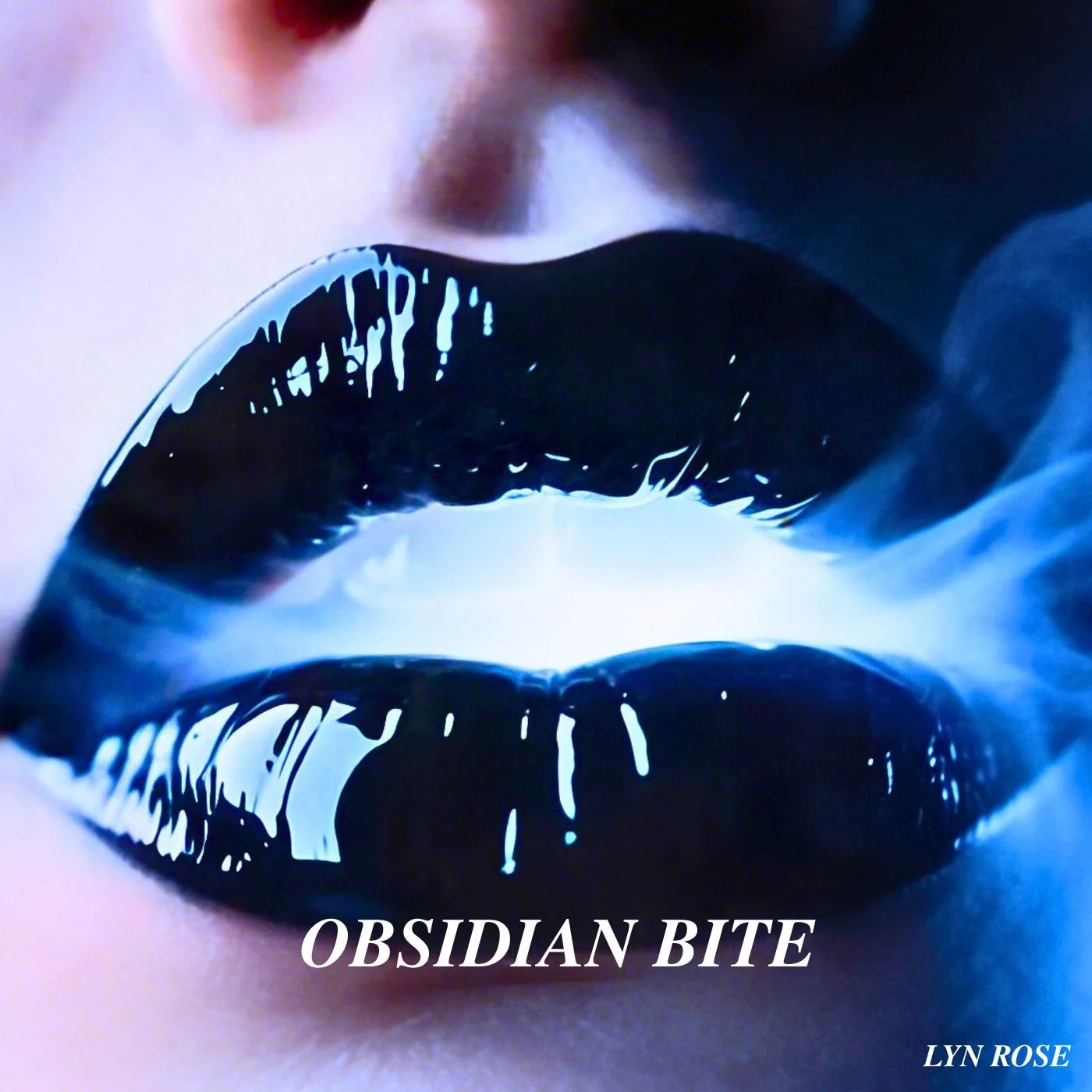 Close-up of lips with black and white glossy lipstick, with the text 'OBSIDIAN BITE' and 'LYN ROSE' overlayed.