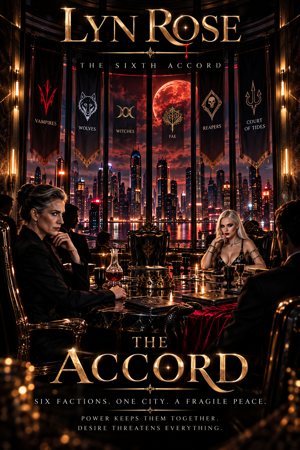 A dark, gothic-style poster for the movie 'The Ace' features a city skyline at night with a red moon in the background. The poster highlights six faction banners with symbols and names: Vampires, Wolves, Witches, Fae, Reapers, and Court of Tides. The scene shows four people seated around a table in a luxurious, dark room with black marble and gold accents, with two women in the foreground and two men in the background. Text at the bottom states: 'Six factions. One city. A fragile peace. Power keeps them together. Desire threatens everything.'