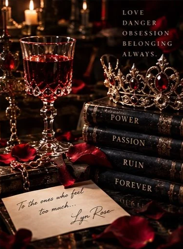 A glass of red wine, a crown, and several stacked black books with gold lettering labeled "Power," "Passion," "Ruin," and "Forever." Red rose petals are scattered, and a handwritten note reads, "To the ones who feel too much... Lyn Rose." The background is dark with warm lighting, and words such as "Love," "Danger," "Obsession," "Belonging," and "Always" are visible in the upper right corner.