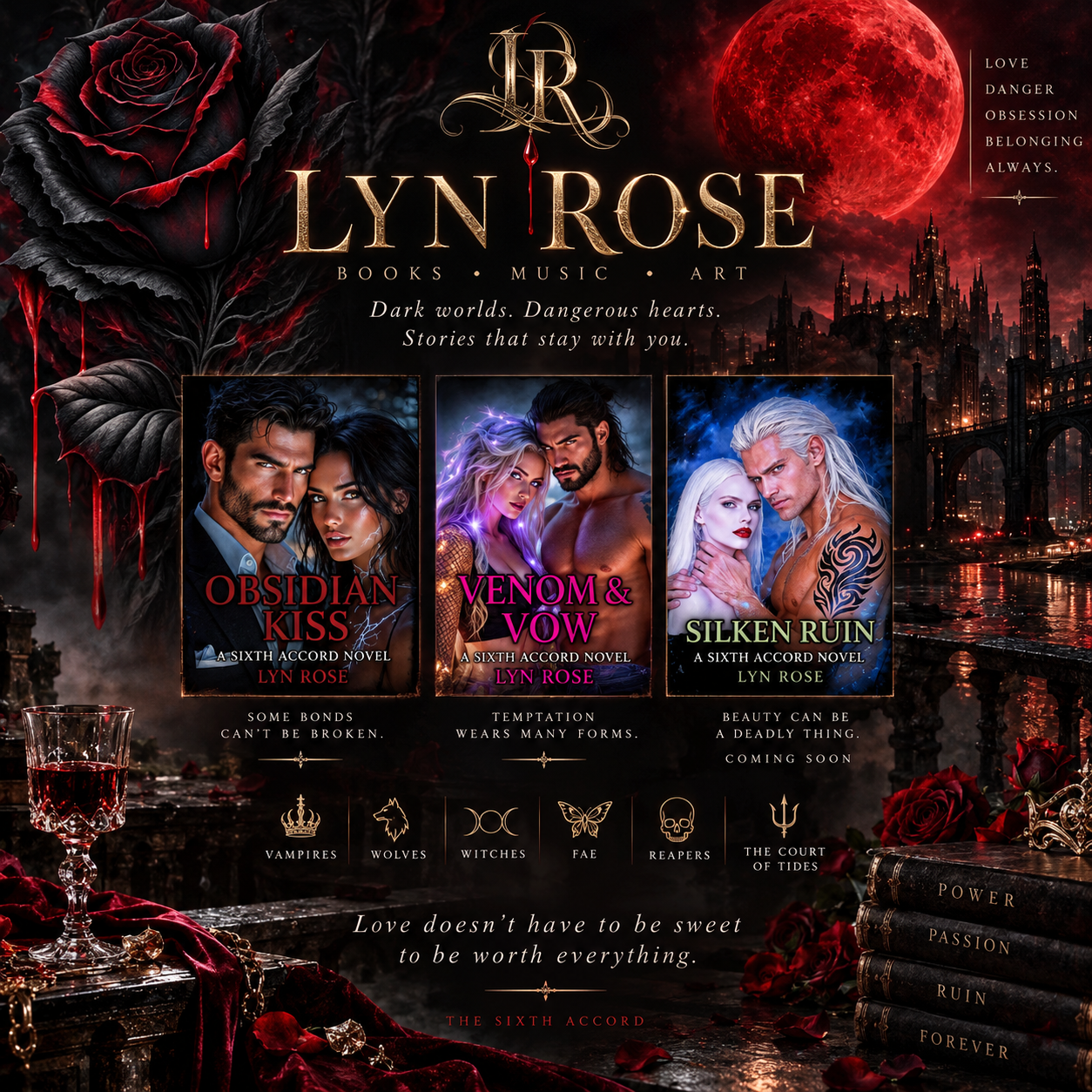 Book cover cover for Lyn Rose's dark romance novels featuring supernatural themes. The cover is predominantly black and red with imagery of a blood-red moon, a city skyline, a large black and red rose with blood drips, and three book covers: 'Obsidian Kiss', 'Venom & Vow', and 'Silken Ruin'. Each features a romantic, intense illustration of characters, with taglines and symbols signifying vampires, wolves, witches, fae, reapers, and the court of tides.