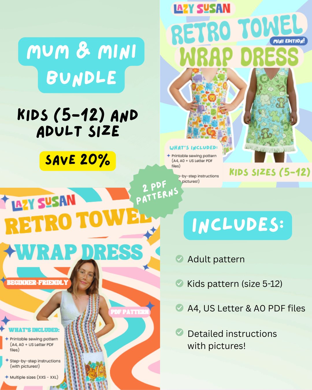 Mum and Mini Retro Towel Wrap Dress Bundle (Kids Sizes 5-12) - Save 20%