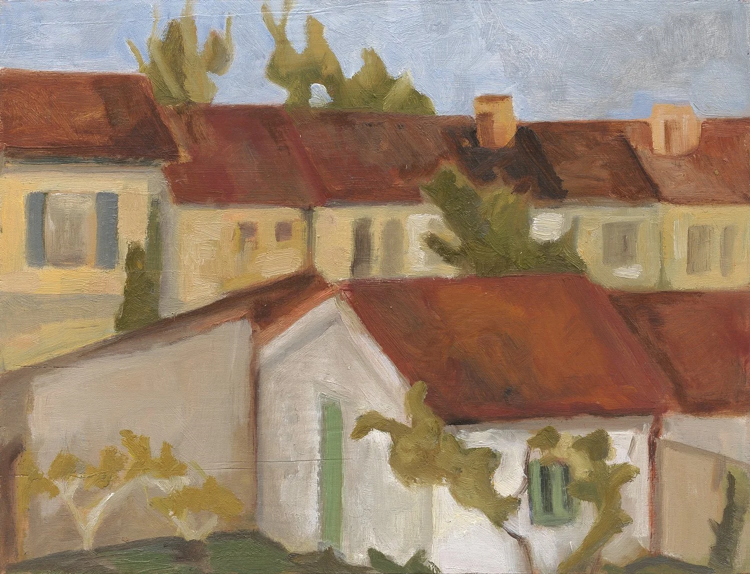 An oil painting of a residential neighborhood with houses featuring red and orange roofs, trees, and a blue sky in the background.