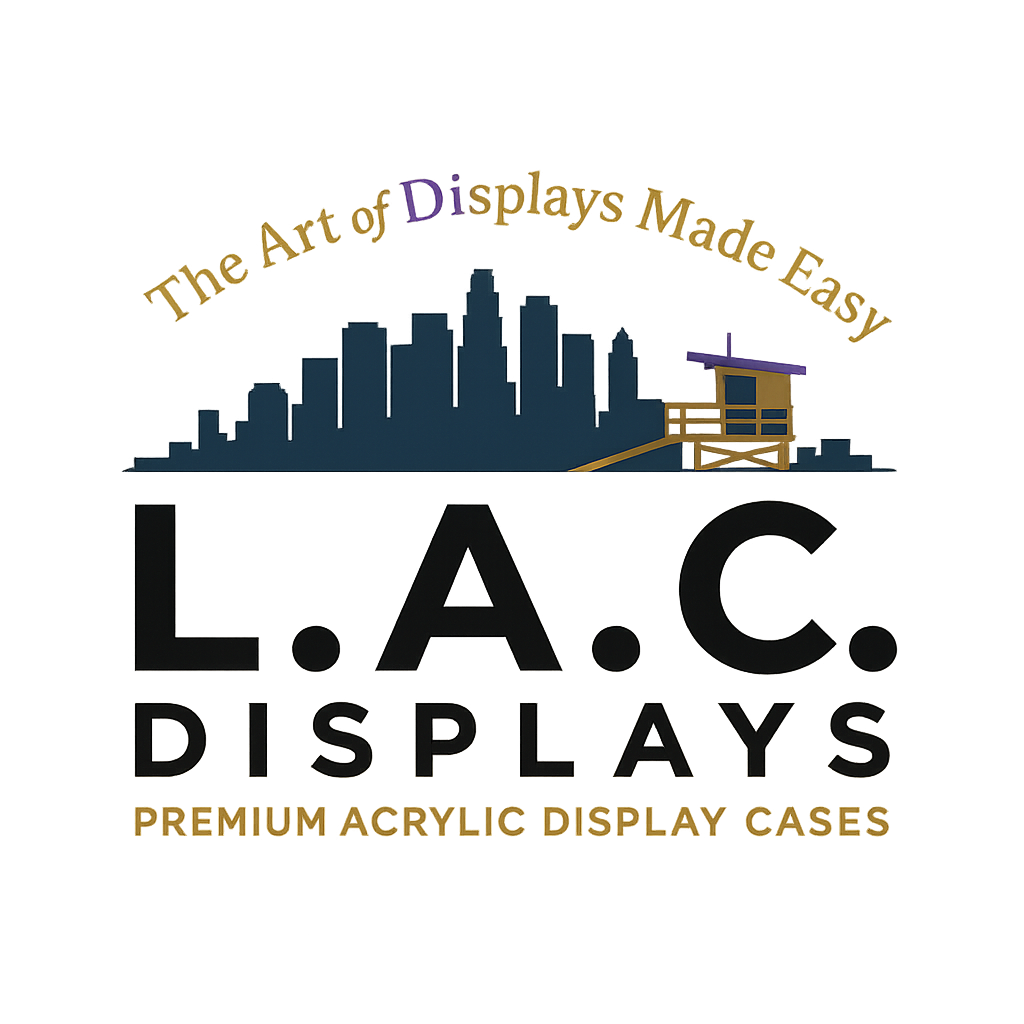 Logo for L.A.C. Displays featuring a city skyline silhouette, a small building, and the text "The Art of Displays Made Easy" and "Premium Acrylic Display Cases".
