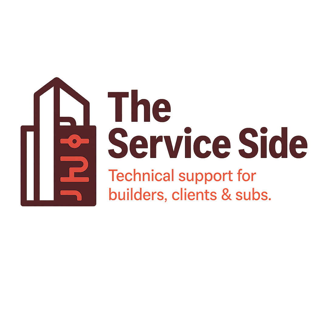 Logo for The Service Side, a company providing technical support for builders, clients, and subcontractors, with a building outline and key design elements.