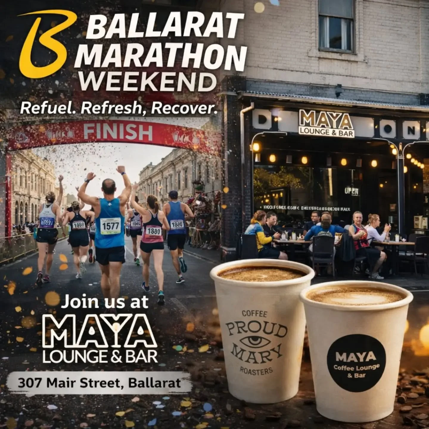 5AM. LIGHTS ON. MACHINES HOT.
Maya Bar &amp; Lounge is fueling the marathon all weekend! Saturday &amp; Sunday.
Pull up, power up, and let&rsquo;s go ☕🏃&zwj;♂️🔥
Take away ONLY 

#ballaratmarathon #ballaratcoffee #ballaratbusiness #ballaratlife