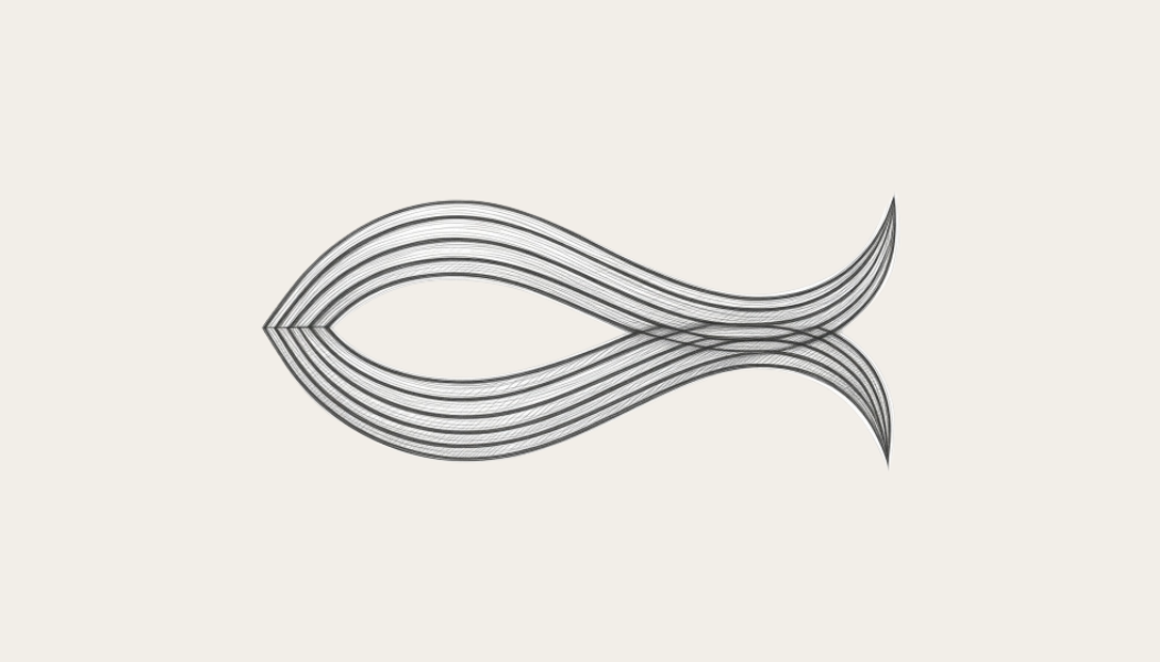 Line drawing of a stylized fish with curved, parallel lines forming its body and tail, set against a light background.