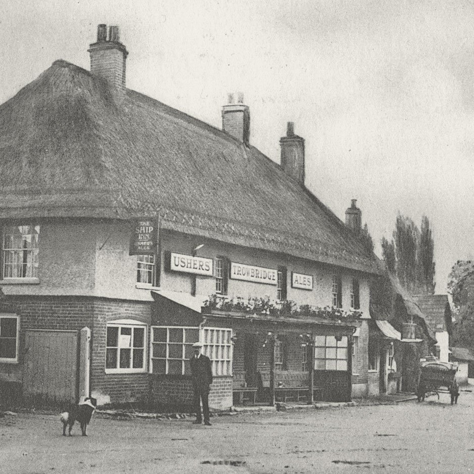 An old historic photograph of The Ship pub at Upavon in Wiltshire.