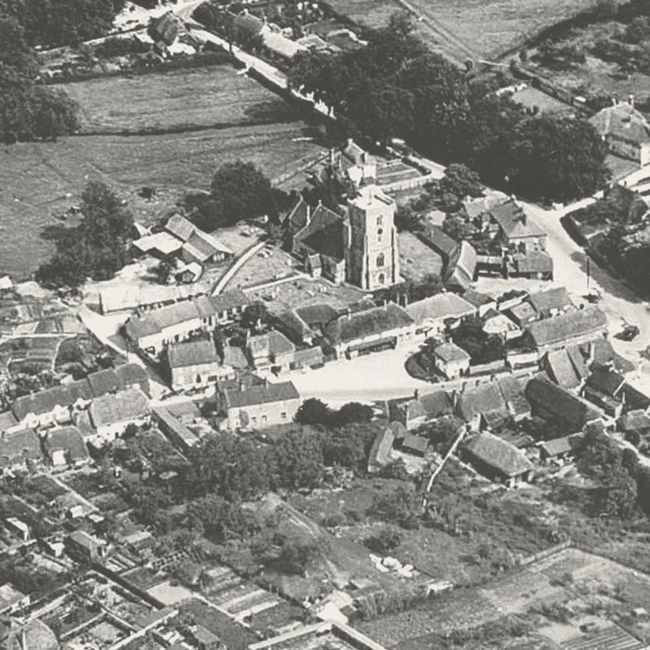 An old historic arial photograph of The Ship pub at Upavon in Wiltshire.