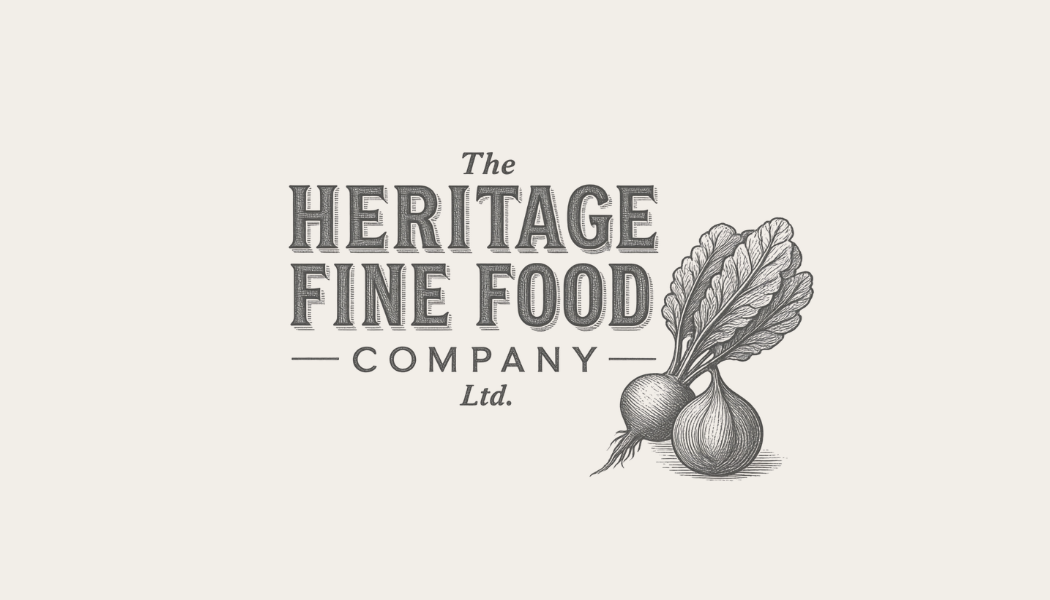 Logo for The Heritage Fine Food Company featuring hand-drawn illustrations of onions and leafy greens.