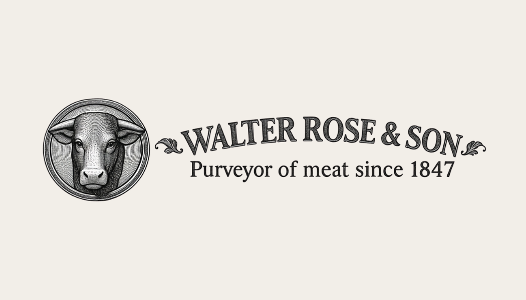 Logo of Walter Rose & Son with a detailed illustration of a cow's head inside a circle, accompanied by the text "Walter Rose & Son" and the tagline "Purveyor of meat since 1847."