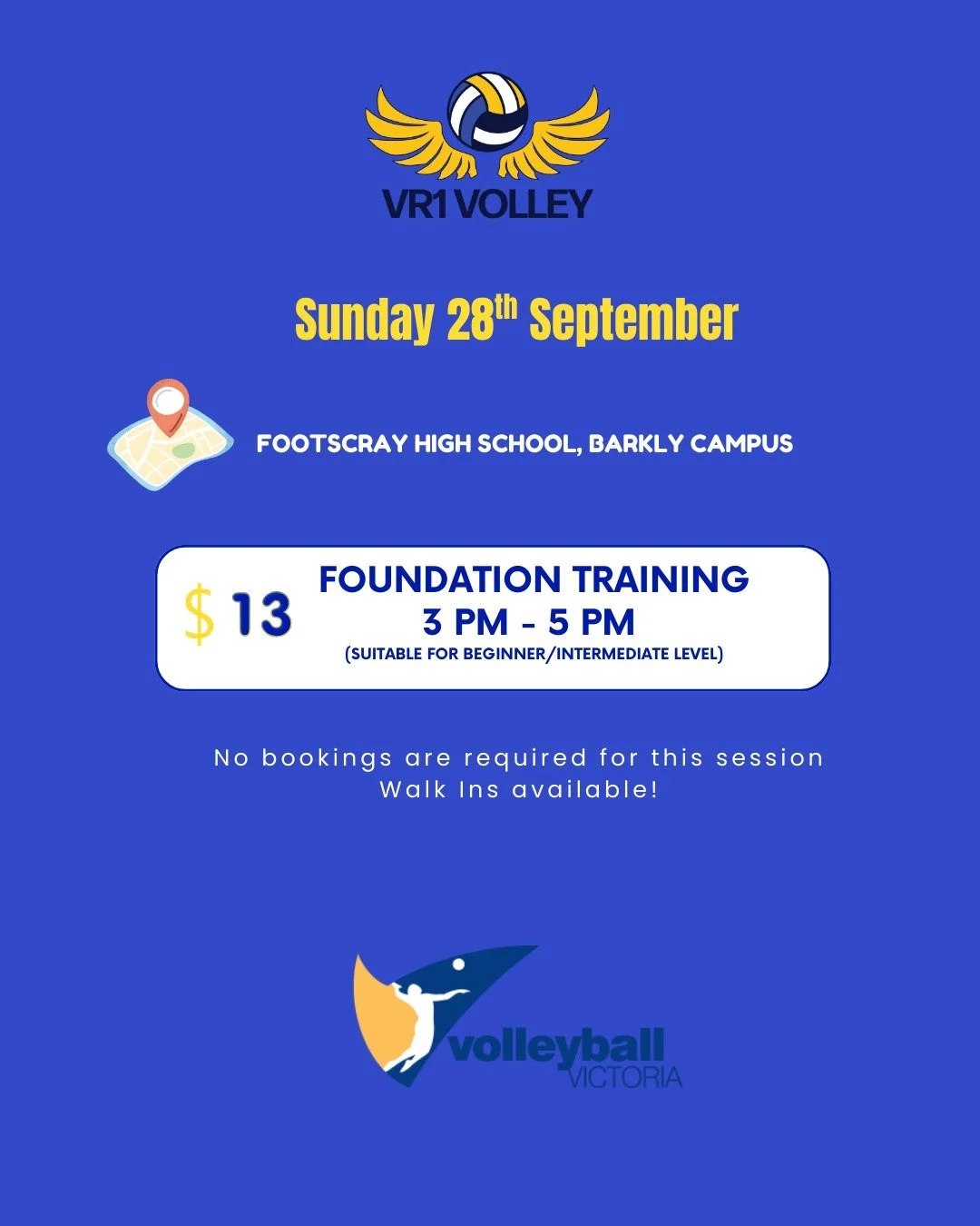 🔥 Sunday Volleyball &ndash; Foundation Training! 🔥

📅 Date: Sunday 28th
🏐 Foundation Training Session: 3:00 &ndash; 5:00 PM
👶 Suitable for Beginners &amp; Intermediate players
💪 Train with Coach Kevin!
📍 Location: Footscray High School, Barkly