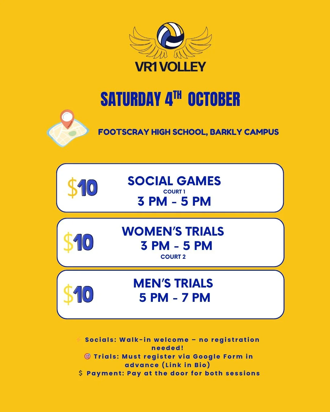 🔥 Saturday Volleyball &ndash; Trials &amp; Socials! 🔥

Join us this Saturday, 4th October at Footscray High School &ndash; Barkly Campus for an action-packed afternoon of volleyball!

📍 Location: Footscray High School, Barkly Campus

⏰ Schedule:
?