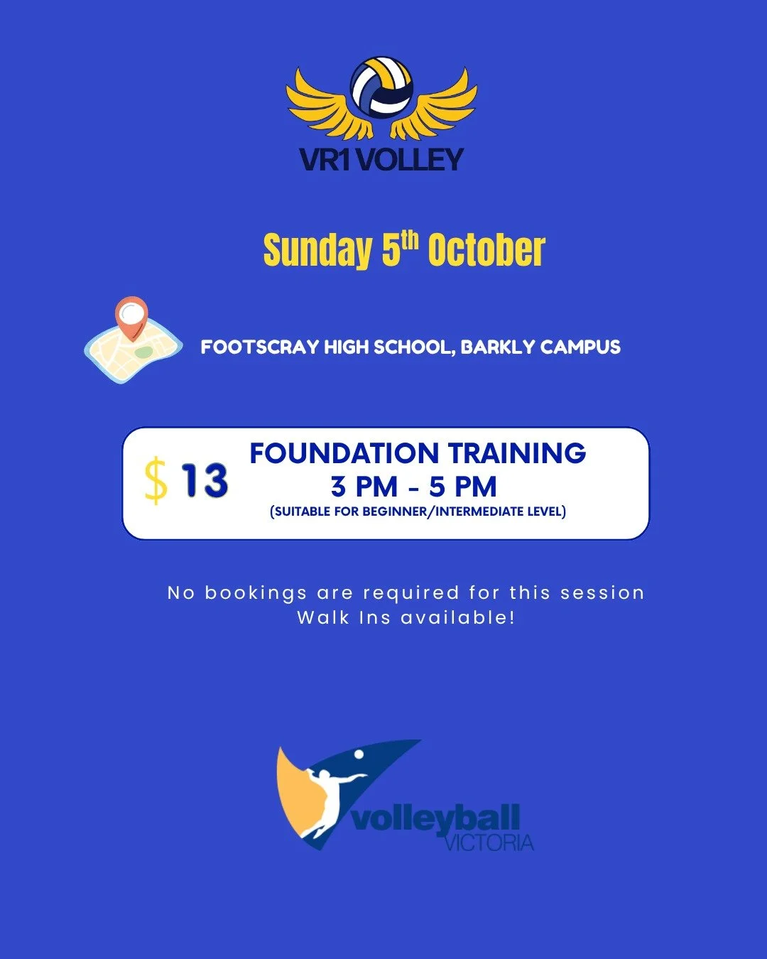 ☀️ Sunday Volleyball Training! ☀️

Level up your game this Sunday, 5th October at Footscray High School &ndash; Barkly Campus!

📍 Location: Footscray High School, Barkly Campus
⏰ Time: 3:00 PM &ndash; 5:00 PM

🏐 Training Details:
&bull; Intermediat