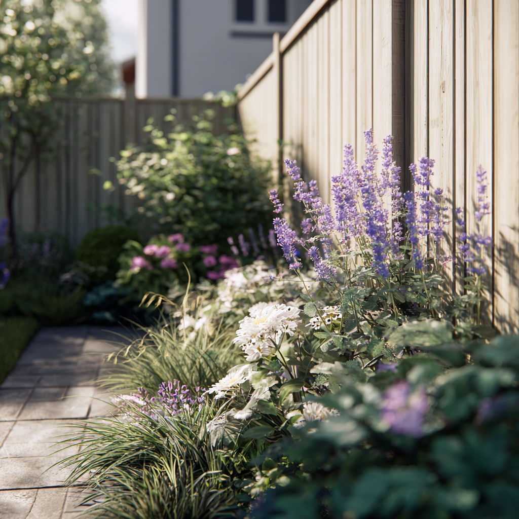 Lille rækkehushave med staudebed i skandinavisk stil. Enkle og nemme planter som lavendel, storkenæb og prydgræsser. Blødt sommerlys og afslappet, indbydende stemning.