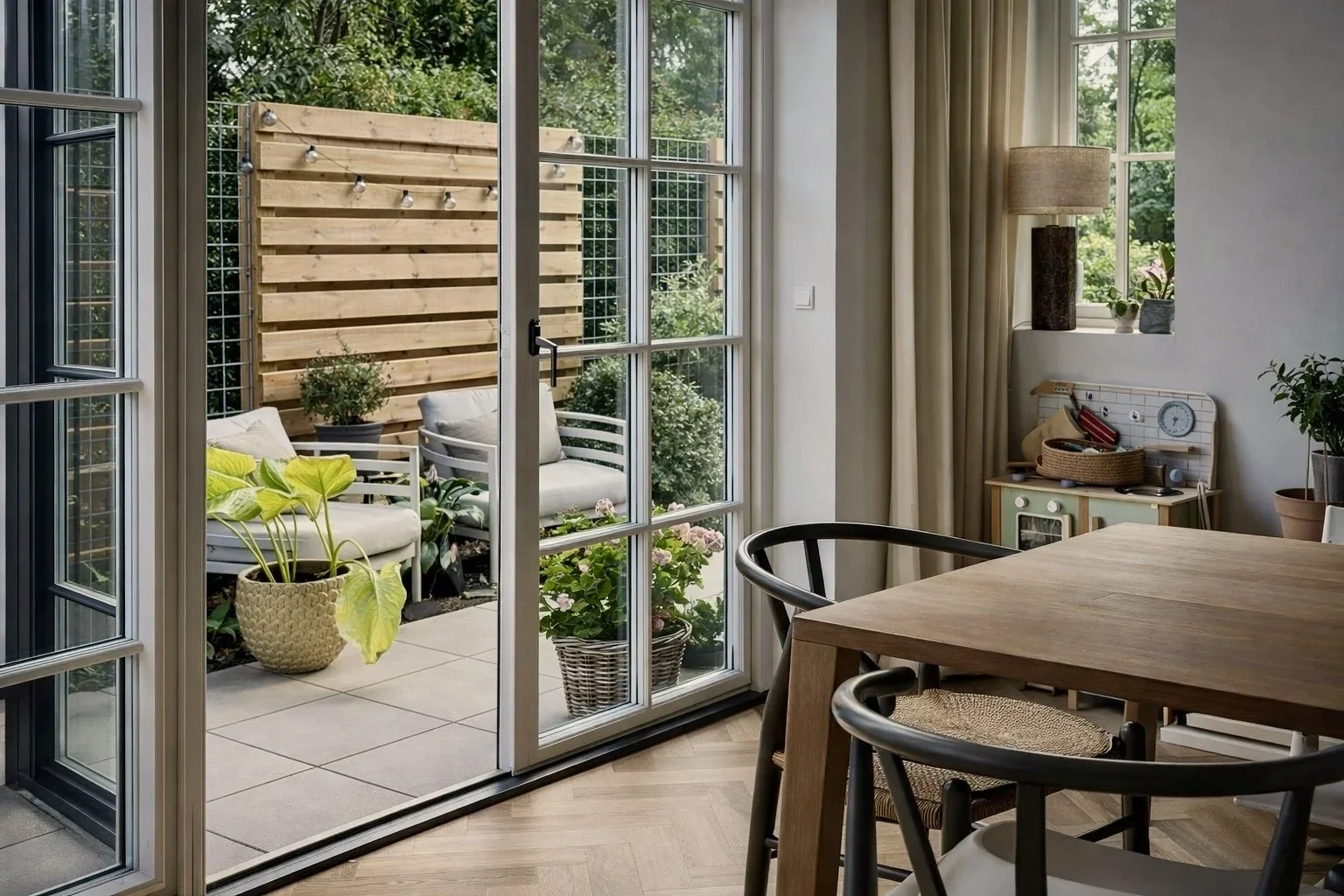 Lille skandinavisk terrasse med hyggeligt loungehjørne, hørpuder, urtepotter og klatreplanter. Aftenlys og rolig stemning med naturlige materialer.