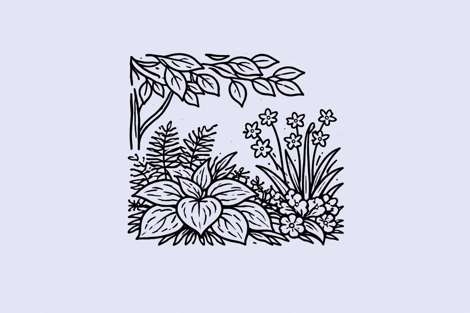 Illustration af et frodigt skyggebed med bløde former og tæt beplantning, der signalerer ro og grøn stemning.