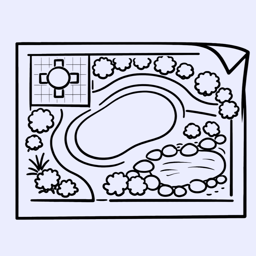 Illustration af et frodigt skyggebed med bløde former og tæt beplantning, der signalerer ro og grøn stemning.