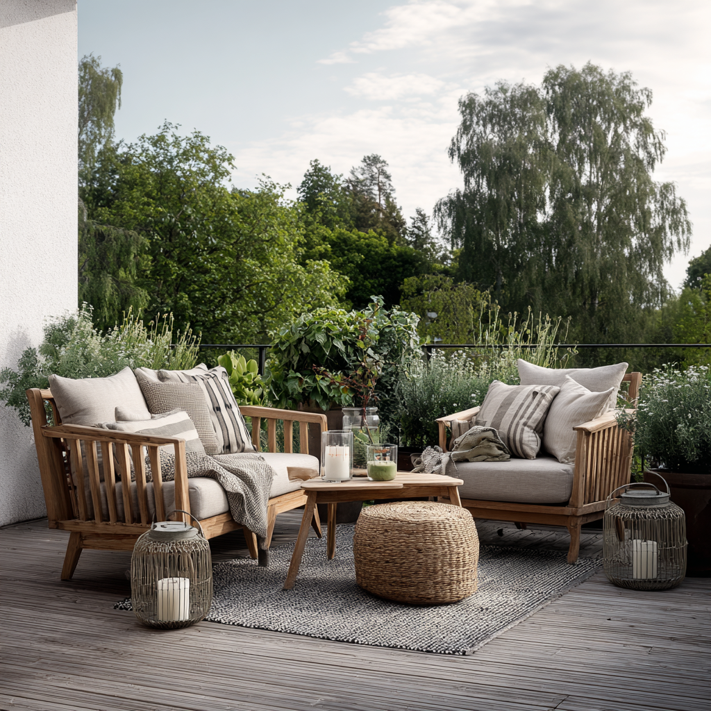 Hyggelig terrasse med to loungestole, et lille bord og grønne planter omkring. Et roligt hjørne i aftensol, ideelt til afslapning og inspiration i haven.