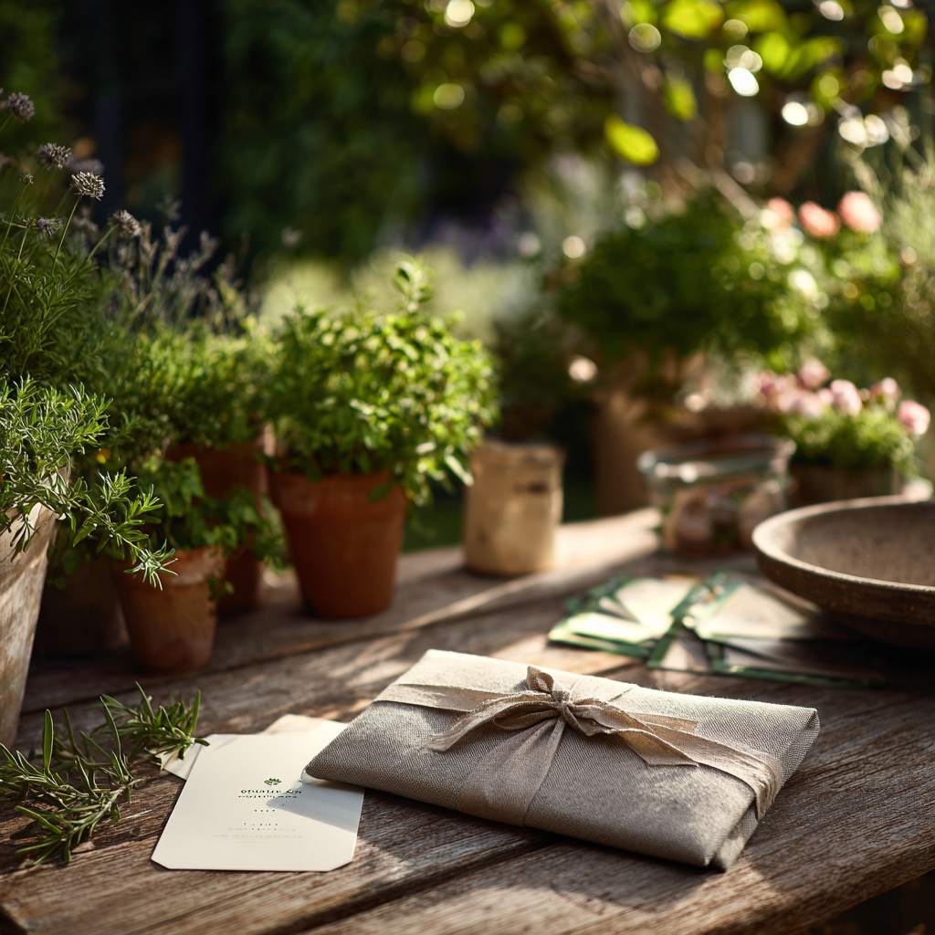 BERRY Havedesign gavekort på et rustikt havebord omgivet af grønne planter og blomster, blødt dagslys og naturlige farver skaber en hyggelig skandinavisk stemning.