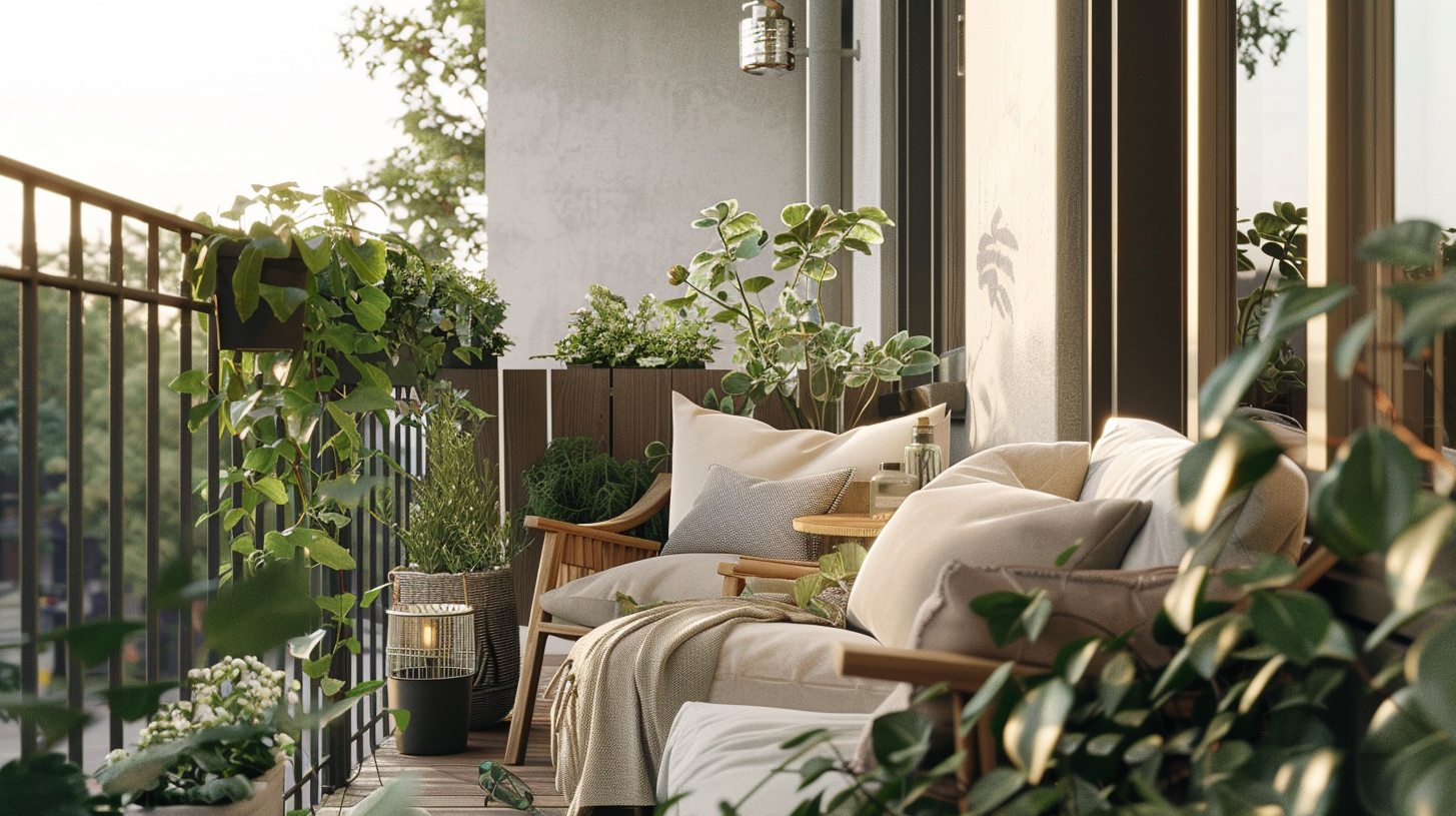 Lille skandinavisk altan med træmøbler, krukker og grønne planter. Lys, luftig og rolig atmosfære, perfekt til hverdagsnydelse og inspiration.