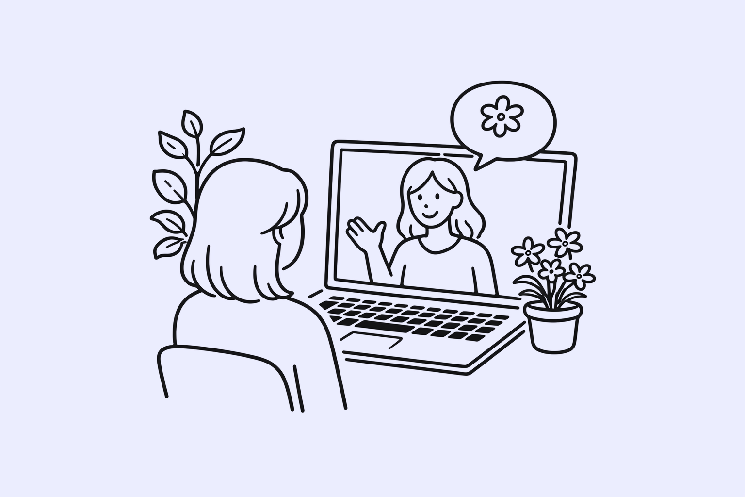 Illustration af et solrigt staudebed med blomstrende planter, sol og let sky – velegnet til sol og halvskygge.