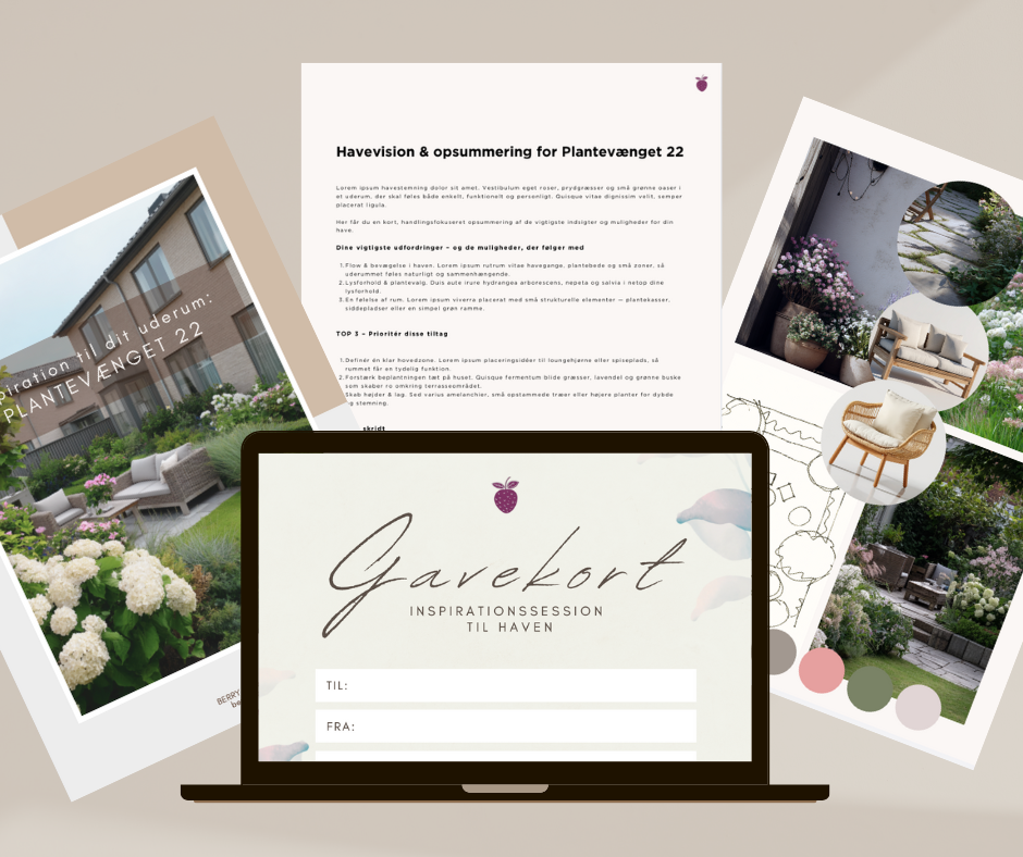 mockup of BERRY’s garden inspiration session gift card, including a digital card, summary page, moodboard and garden visualization in a clean Scandinavian style.