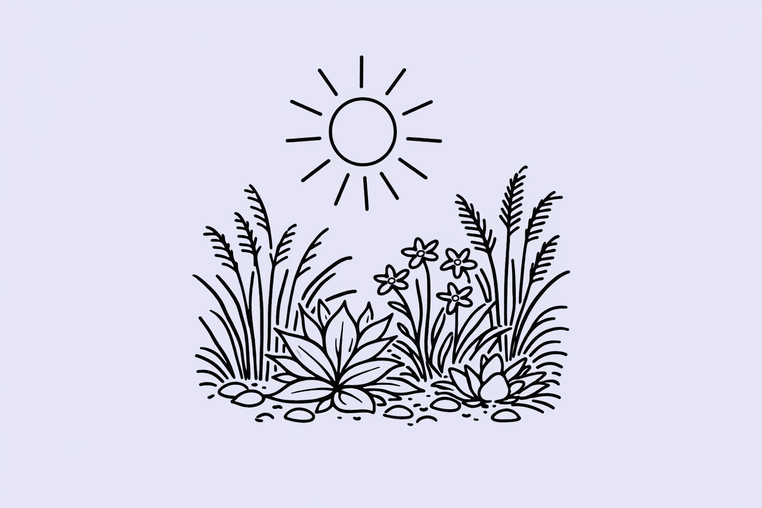 Illustration af et tørketålende bed med markant sol og robuste planter, velegnet til varme og tørre forhold.