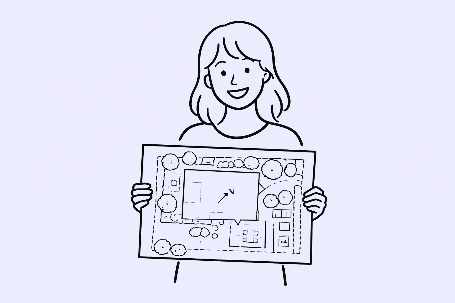 Kunde holder sin færdige haveskitse i hænderne og smiler, klar til at realisere det gennemtænkte havedesign.