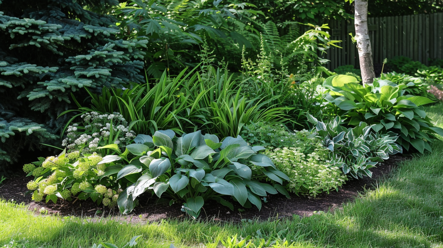 Grønt, stemningsfuldt skyggebed med frodigt løv og skyggetålende stauder.