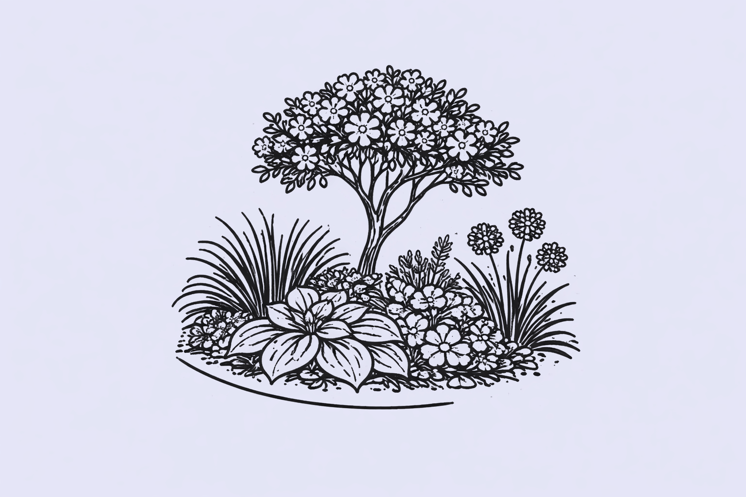 Illustration af et markant beddesign med et mindre træ som fokuspunkt og dekorativ beplantning.