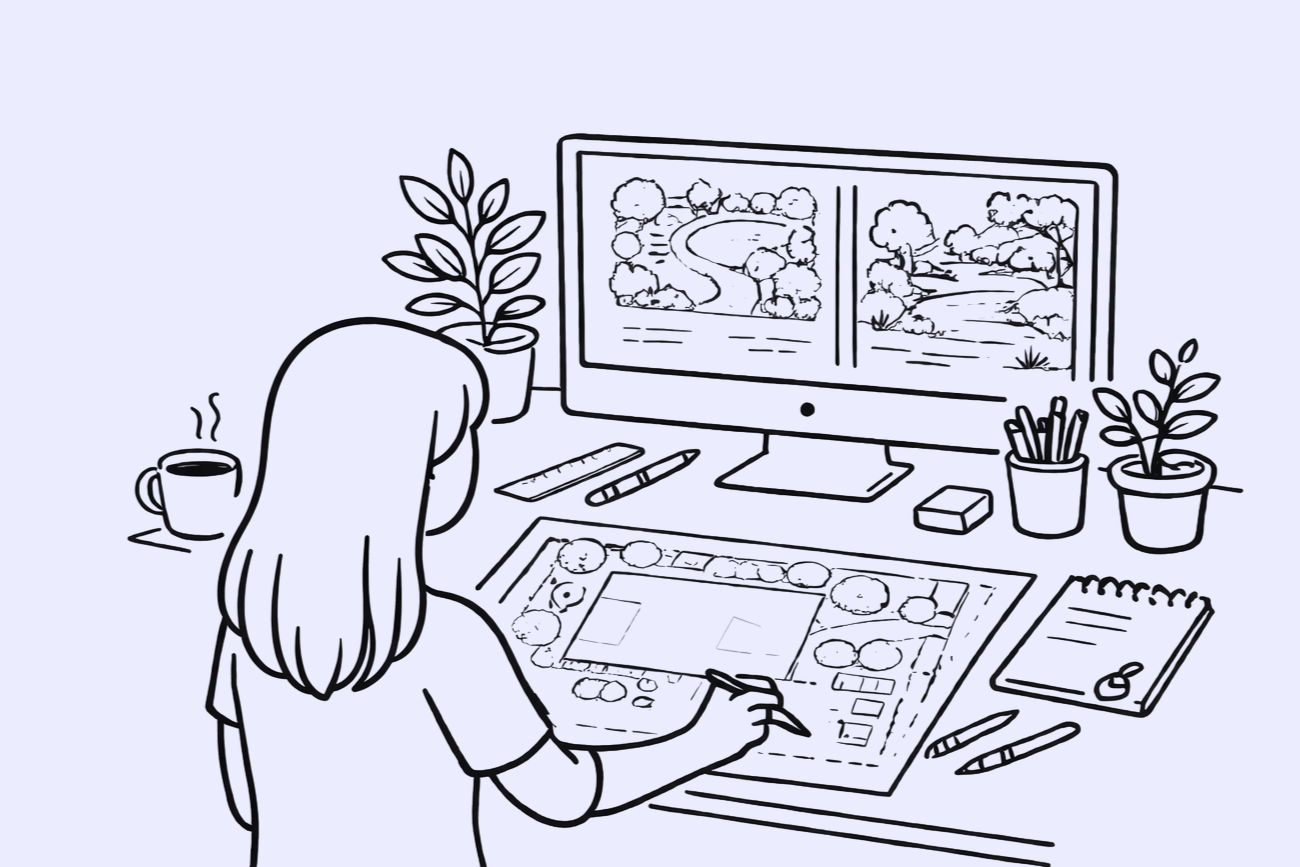 Havedesigner arbejder i sit studio med haveskitse på tegnebord og skærm, hvor struktur og flow i haven udvikles.