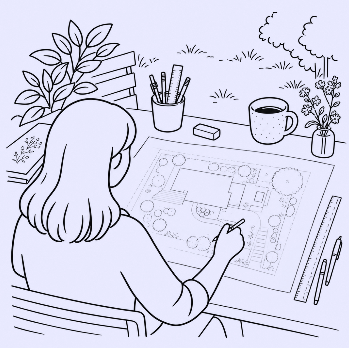Havedesigner arbejder i sit studio med haveskitse på tegnebord og skærm, hvor struktur og flow i haven udvikles.