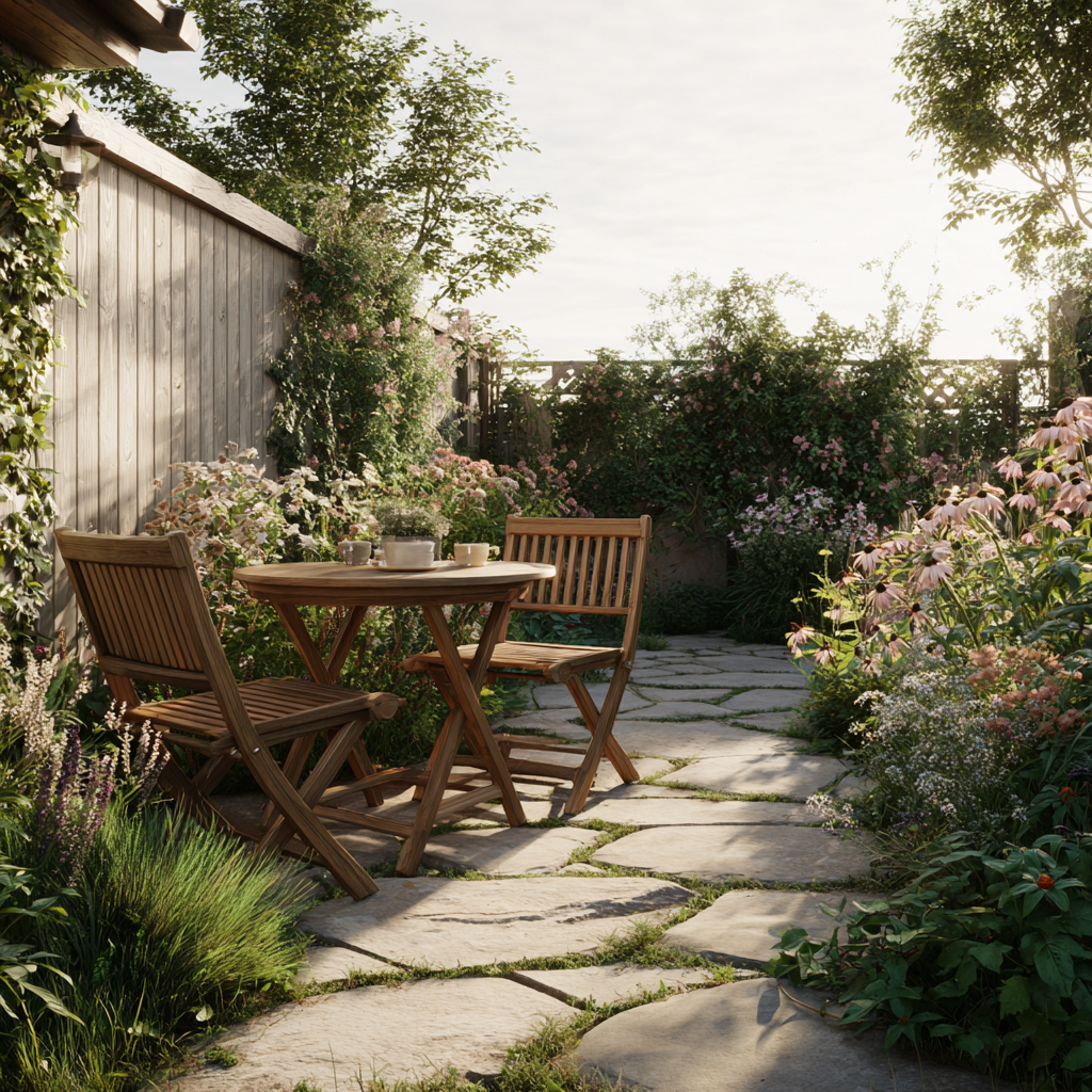 Familiehave i skandinavisk stil, frodige bede og naturstensti. Lys og indbydende stemning med grønne og blomstrende planter i afdæmpede farver.