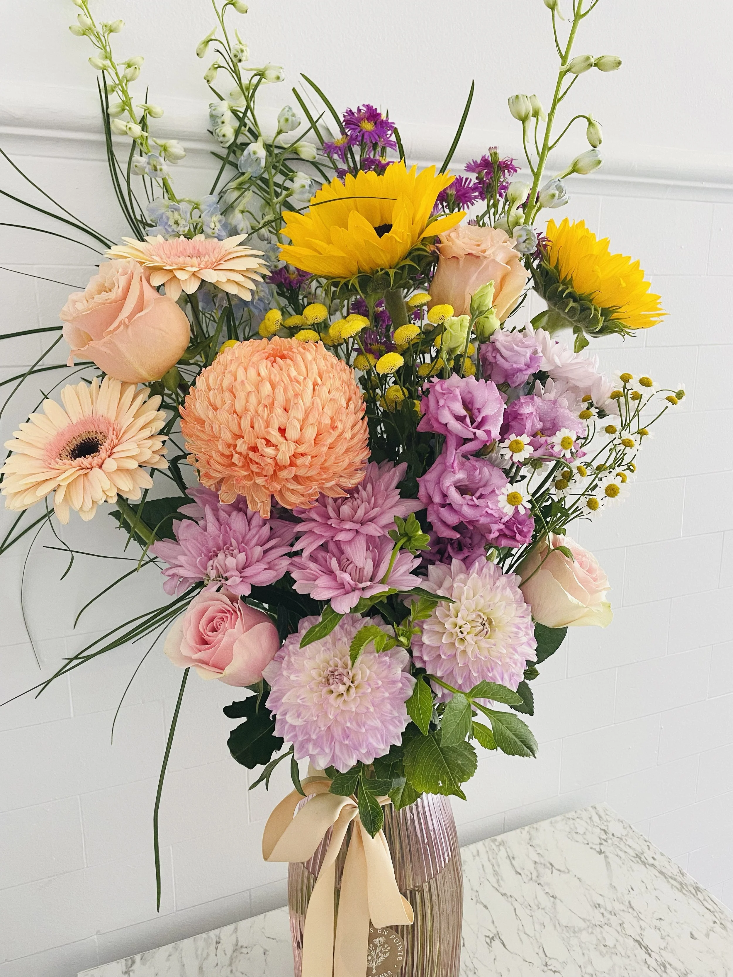 Pastel Elegance bouquet — soft pink, blush and cream roses with greenery by Posies en Pointe, Adelaide florist