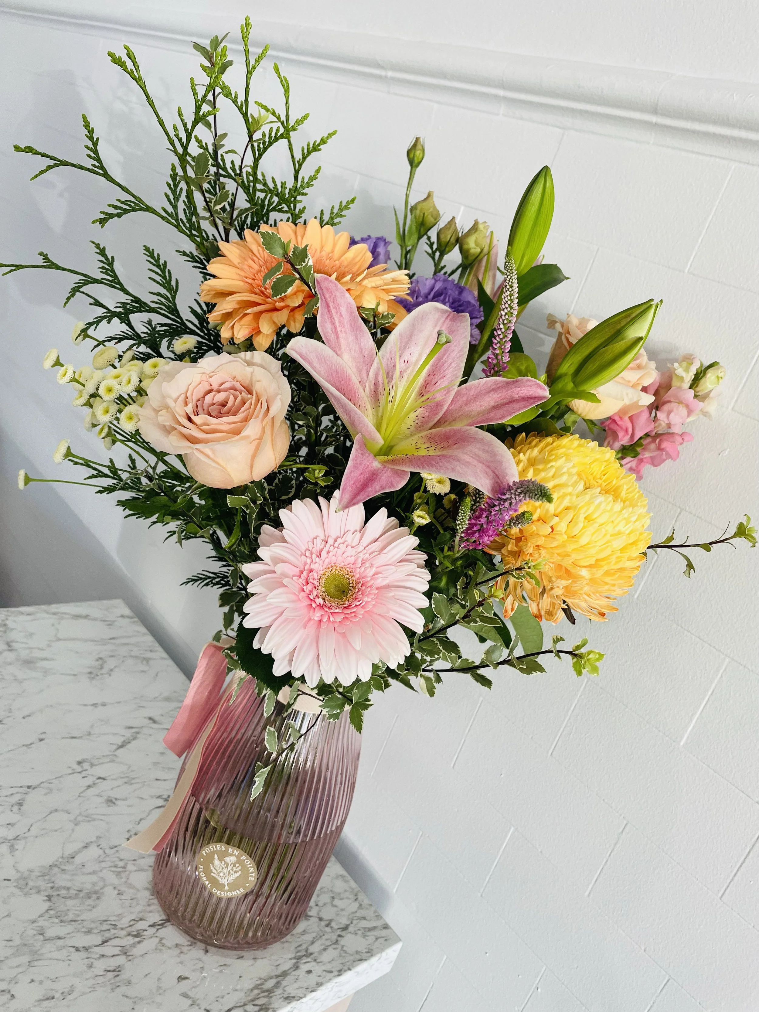 Pastel Elegance bouquet — soft pink, blush and cream roses with greenery by Posies en Pointe, Adelaide florist
