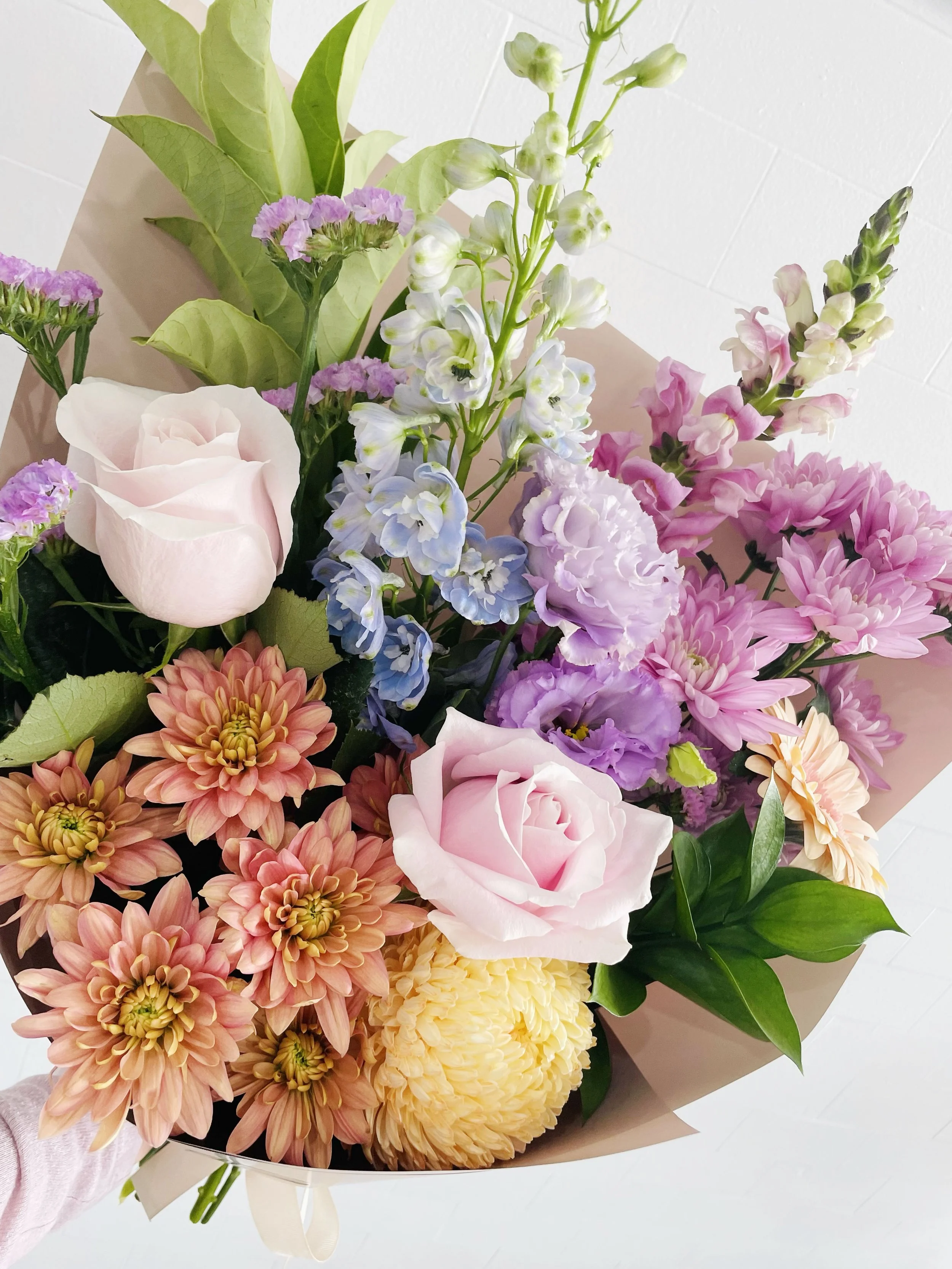 Pastel Elegance bouquet — soft pink, blush and cream roses with greenery by Posies en Pointe, Adelaide florist