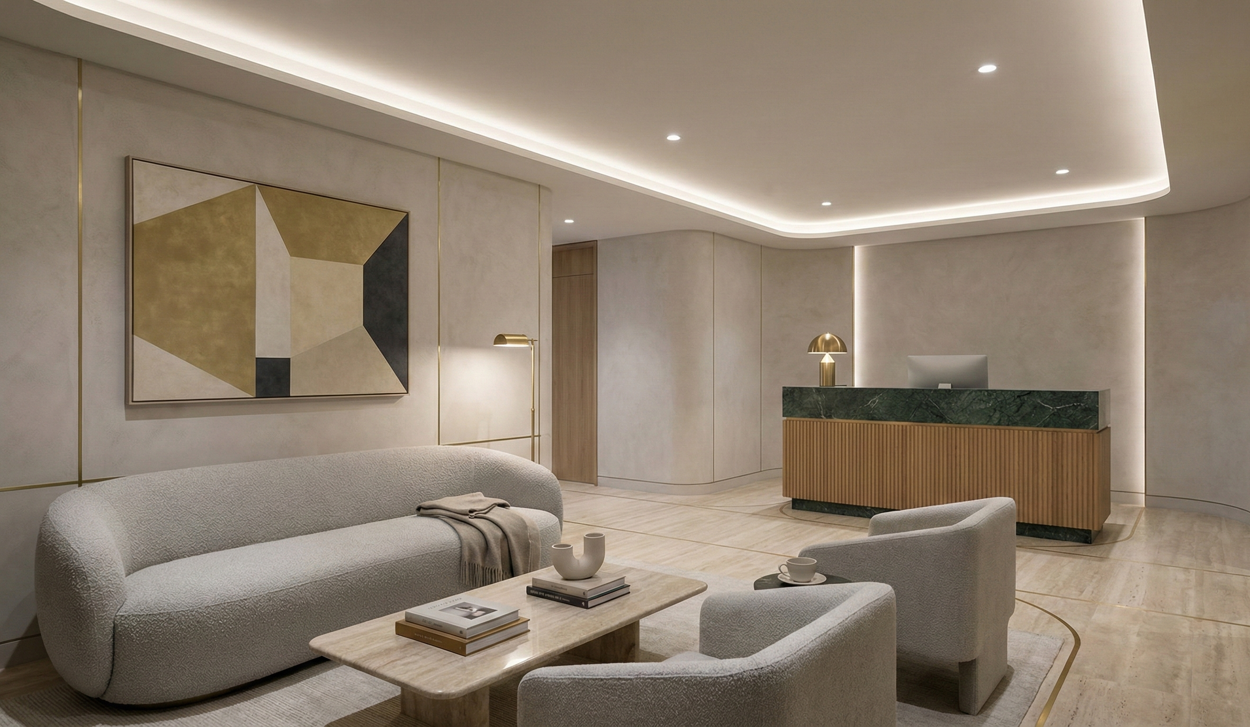 Modern hotel lobby with neutral tones, contemporary furniture, abstract artwork, marble reception desk, and ambient lighting.