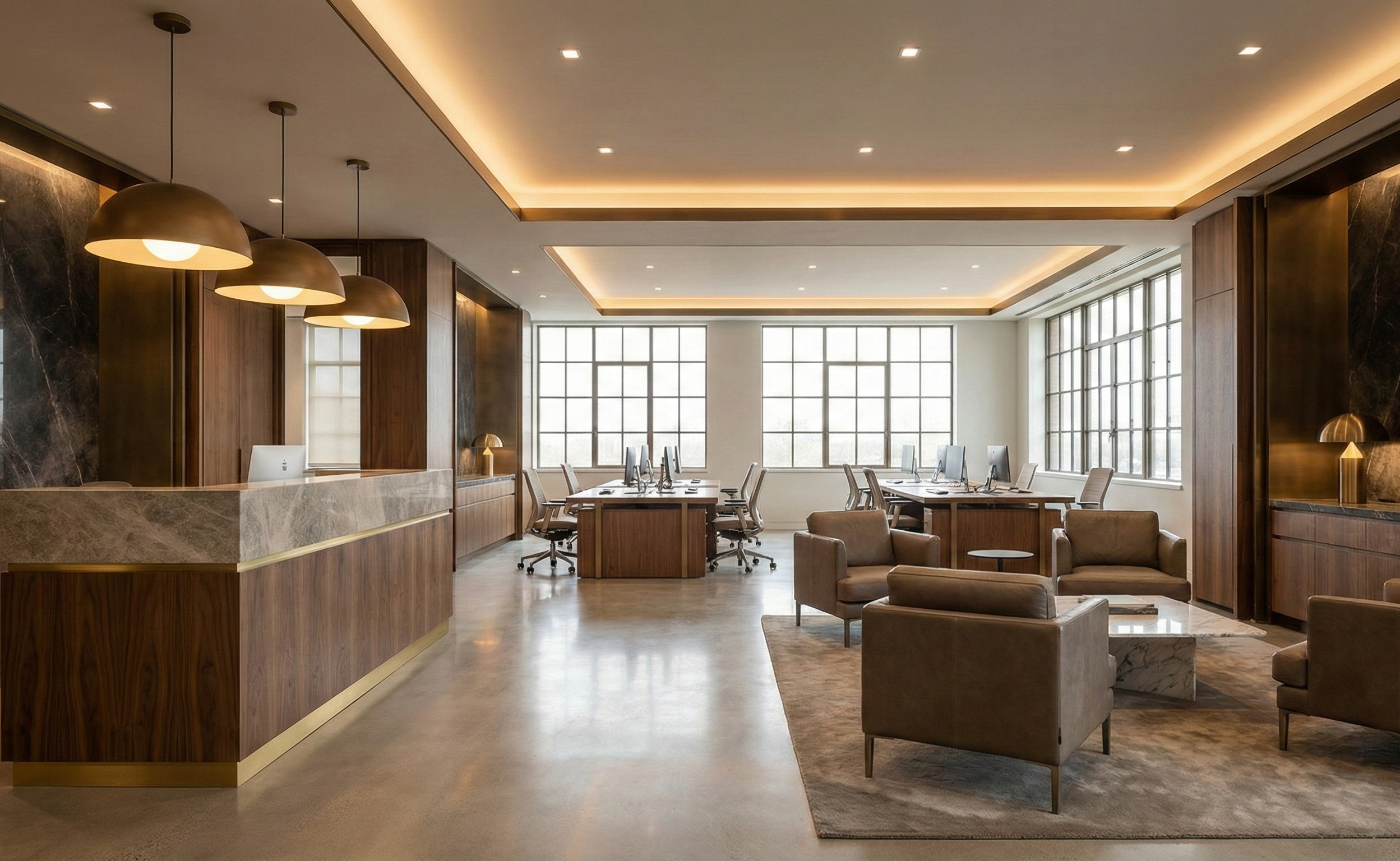 Modern office lobby with wooden accents, leather chairs, reception desk with marble top, and large windows letting in natural light.