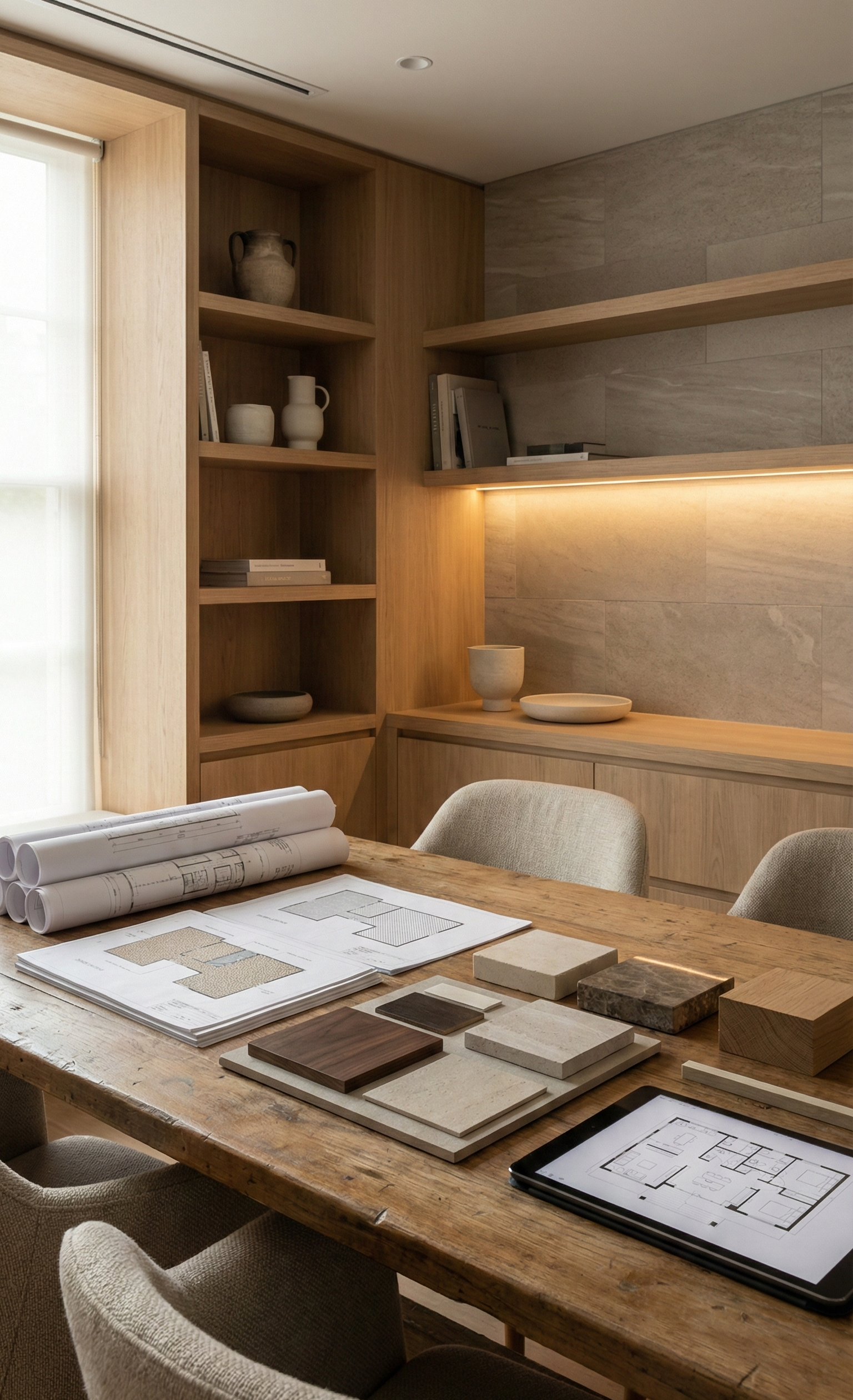 Interior of a modern office or design studio with wooden shelves, a wooden table with architectural plans and material samples, and upholstered chairs.