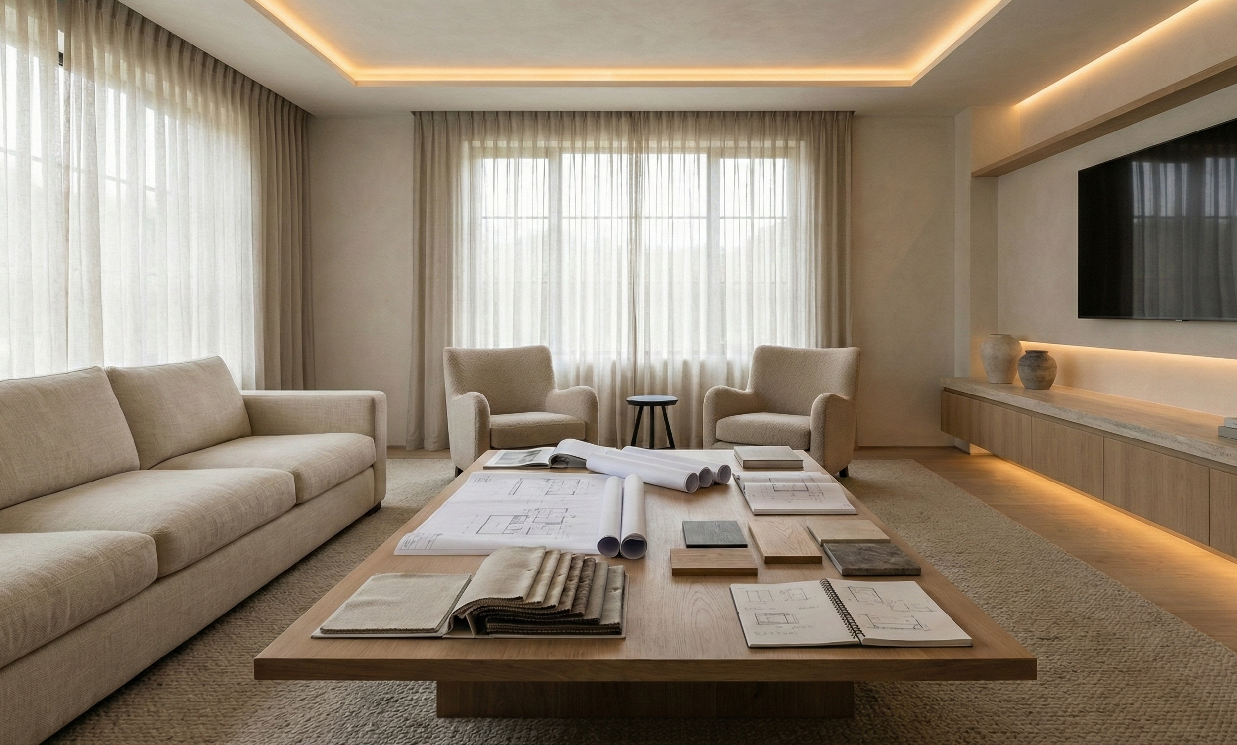 A living room with beige sofas and armchairs, a wooden coffee table with architectural plans, fabric samples, and books, large windows with sheer curtains, and a wall-mounted TV with decorative vases on a built-in shelf.