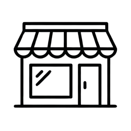 Outline drawing of a small storefront or shop with a striped awning, a large window, and a door.